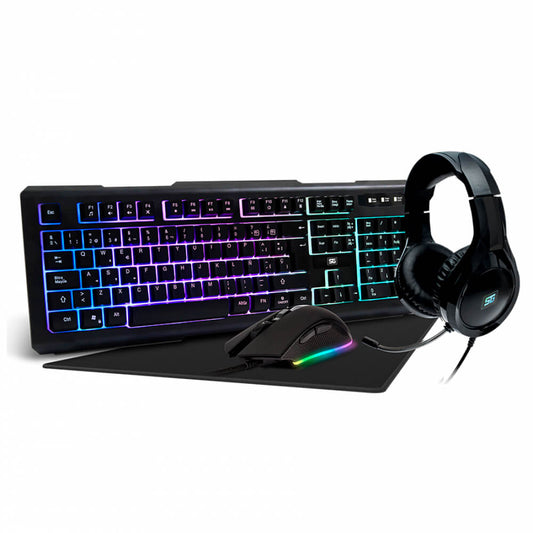 Kit 4 en 1 Gamer Start The Game KMH-501 Teclado Diadema Mouse Mouse Pad Negro